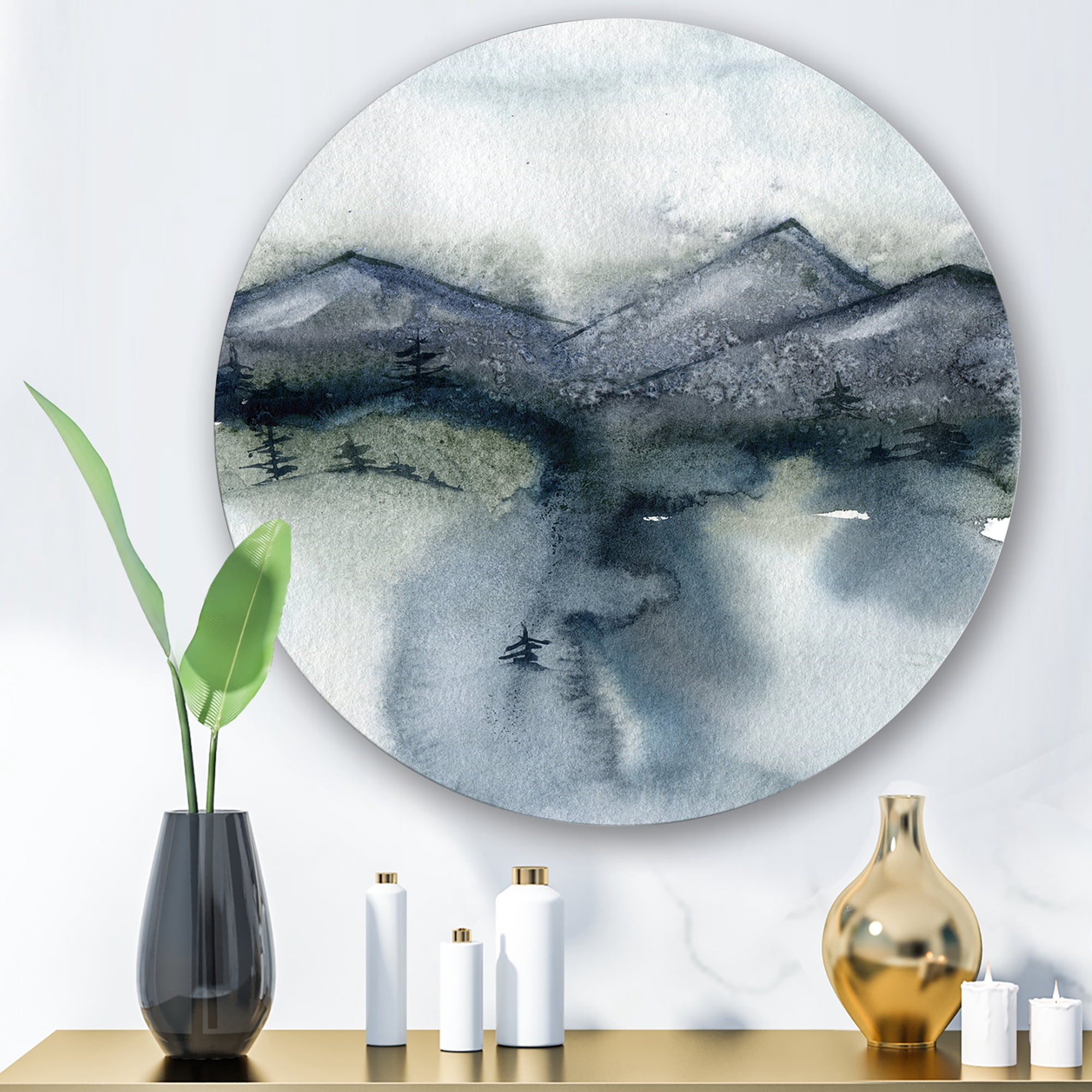 Designart 'Minimalistic Landscape of Mountains Snow and Trees' Modern Circle Metal Wall Art 23x23 - Disc of 23