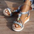 thumbnail image 2 of Platform Espadrilles for Women Bohemia Beaded Sandals Open Toe Wedges Heels Trendy Elastic Band Slingback Beach Shoes Blue Size 8, 2 of 8