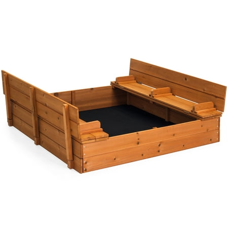 Best Choice Products 47x47in Kids Large Square Wooden Outdoor Play Cedar Sandbox w/ Sand Screen, 2 Foldable Bench Seats -
