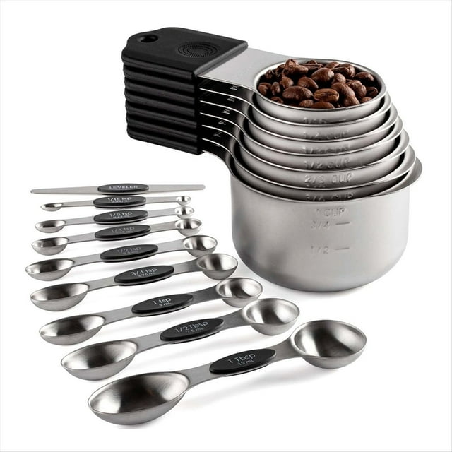 Juego de 16 Tazas y Cucharas Medidoras Magnéticas de Acero Inoxidable, 7 Tazas Resistentes, 8 Cucharas de Doble Cara con Nivelador Negro