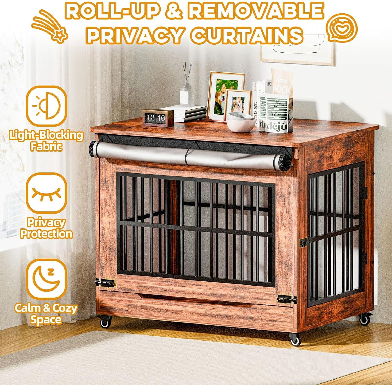 42" Wooden Dog Crate Furniture with Double Door, Lockable Wheels & Blackout Curtain, Decorative Indoor Pet Kennel End Table for Large Breed Dogs, Vintage Brown