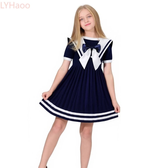 LYHaoo Girls Nautical Sailor Dresses School Casual Dress 2 14 Years Kids Toddler Baby Girls Spring Summer Print Short Sleeve Tops Student Skirts，Casual Floral Dresses Sizes 2-3 Years Blue