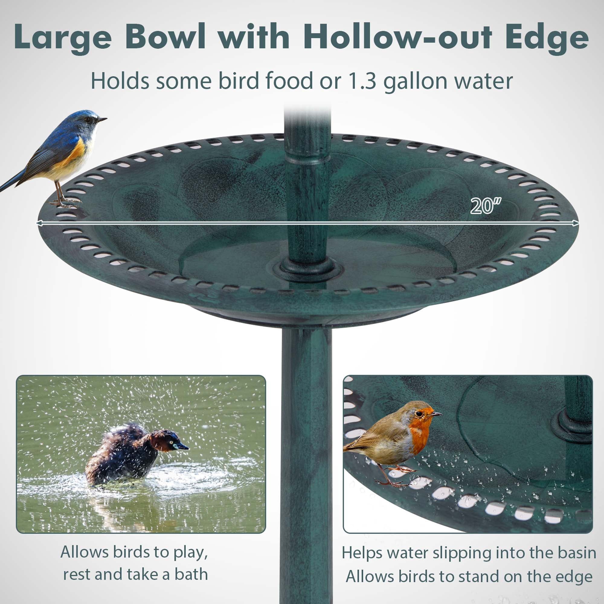 Costway 3-In-1 Pedestal Bird Bath with Solar Light with Bird Feeder & Flower Planter Bronze
