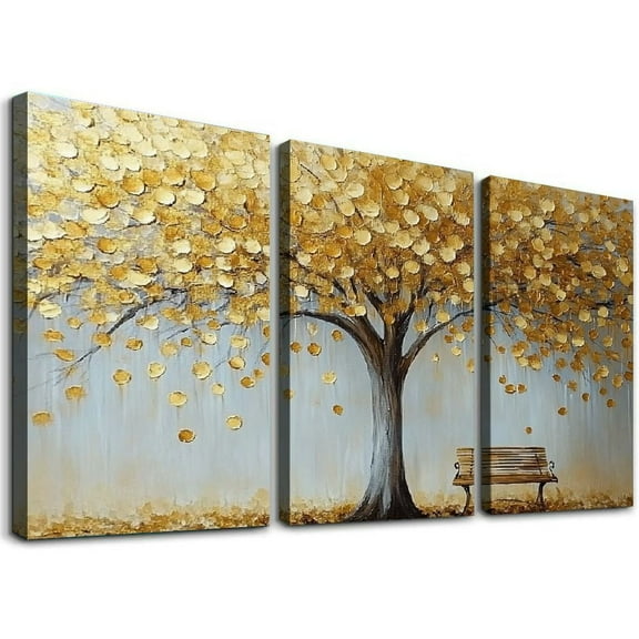 Shadudu Wall Art Gold Abstract Tree of Life Modern Artwork Canvas Painting Textured Tree Pictures Wall Decor Home Decor Wall Ready to Hang for Bedroom Living Room 12x16x3pcs