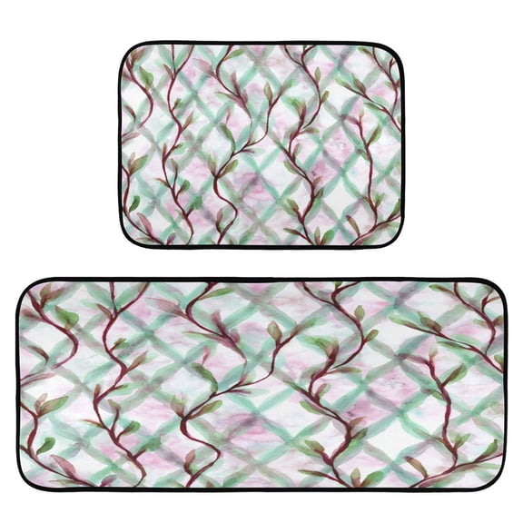 2-Piece Kitchen Rugs Set Non-Slip Mats Carpet Floor for Kitchen, Bathroom (19.7"x27.6" & 19.7"x47.2") Mint Green Vines