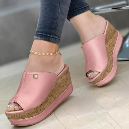 

Womens Strappy Sandals Fashion Slope Heel Thick Bottom Solid Color Women s Shoes Casual Ladies Sandals Summer Shoes Pink 37