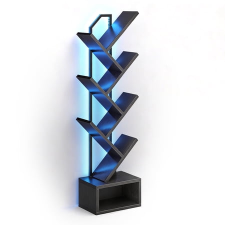 6-Tier Tree Bookshelf with LED Light, Modern Corner Bookcase Display Shelf for Living Room, Bedroom & Home Office, Black