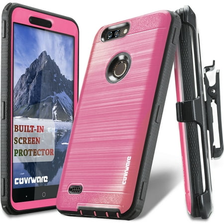 ZTE Blade Z Max Case, COVRWARE [IRON TANK] Built-in [Screen Protector] Heavy Duty Full-Body Holster Armor [Brushed Metal Texture] Case [Belt Clip][Kickstand] for ZTE Blade Z Max (Z982), Pink