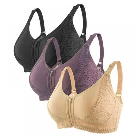 

Aosijia 3 Pack Womens Bra Full Coverage Front Zippered Lace Bra Soft Breathable Adjustable Shoulder Strap Plus Size Lady Bras Daily Wear