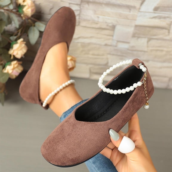 Bkhluea Women Pearl Ankle Strap Suede Ballet Flats Slip On Comfortable Footwear For Office Work Party Daily Casual Use