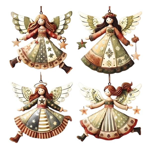 Adornos navideños de madera con forma de ángel. Adornos rústicos de estilo granja con forma de ángel. Adornos para colgar en el árbol de Navidad para decorar el hogar en Navidad.