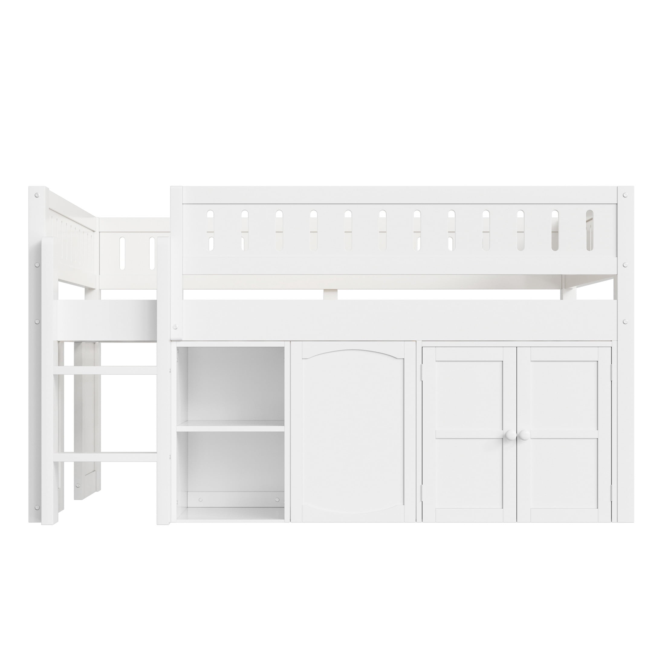 Noble House Blanche Full Loft Bed, Creative Chalkboard Panel and Double Door Storage Cabinet, Solid Wood Frame, White
