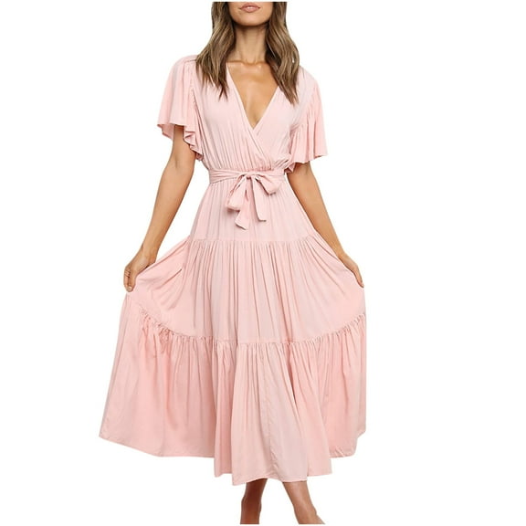 TIHLMK Womens Dresses Women Solid Short Sleeve Loose Ruffles Lacing Dress Gift for Women