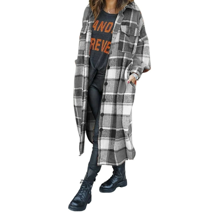 Autumn Winter Lady Coat Shirt Type Plaid Print Single-breasted