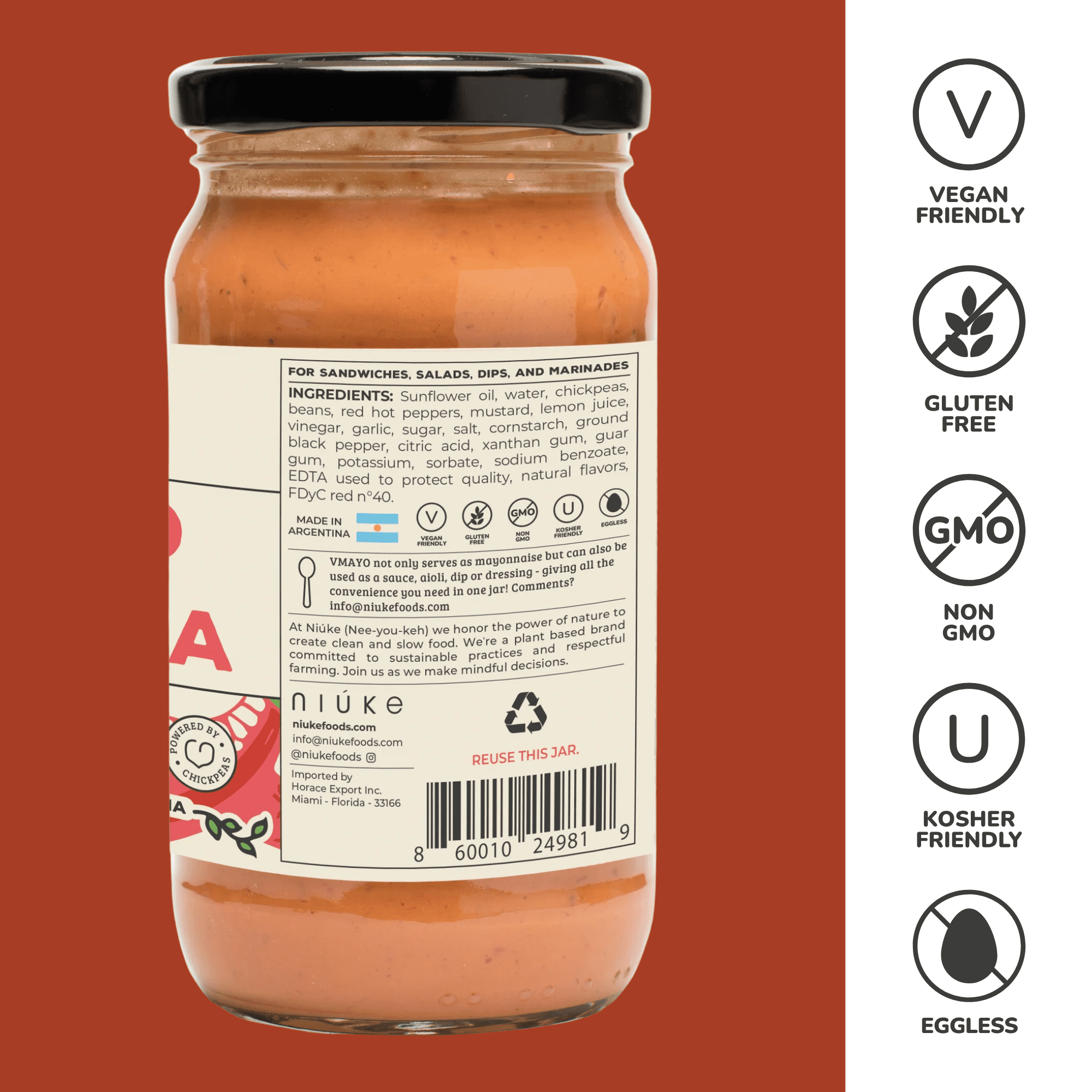 NIUKE Sriracha Vegan Mayo – Smoky & Creamy Plant-Based Dressing – Dairy-Free, Gluten-Free, Non-GMO – Tangy Pickle & Vegetable Blend – Vegan Sandwich Spread – 9.52 oz Glass Jar - 6 Pack