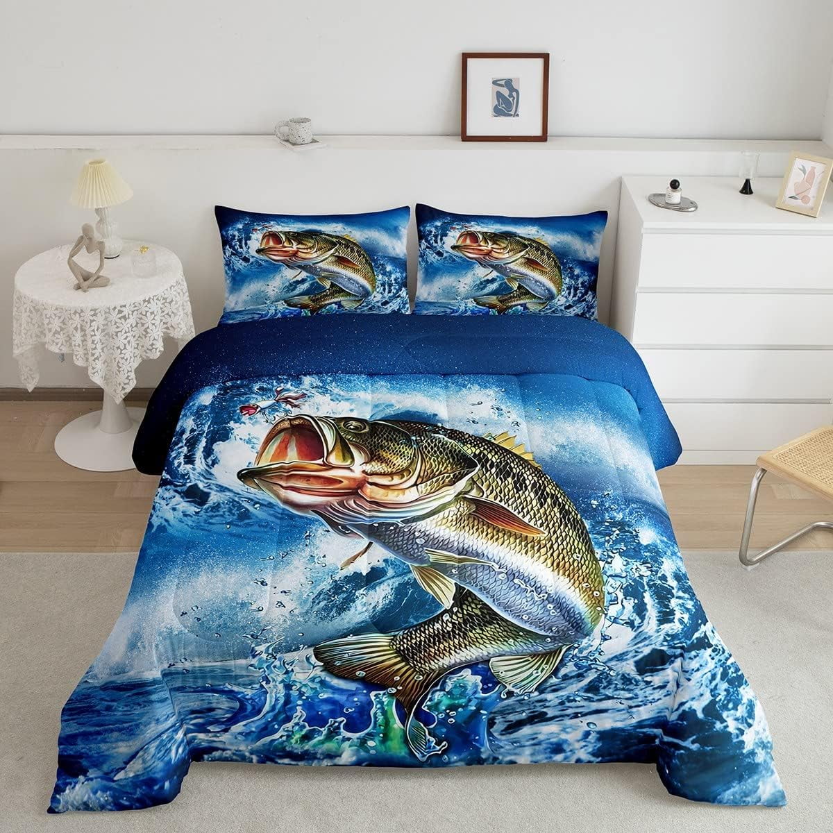 Boys Bass Fishing King Comforter Big Pike Fish Bedding Set Teens Men