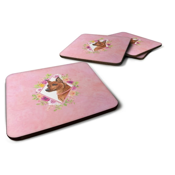 Carolines Treasures CK4161FC Miniature Pinscher Pink Flowers Foam Coaster Set of 4 3 1/2 x 3 1/2 multicolor