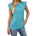 thumbnail image 3 of Women'S Tops Casual Crewneck Cap Sleeve Shirts Crochet Knit Texture Tank Top Blouses Turquoise Blue L, 3 of 9