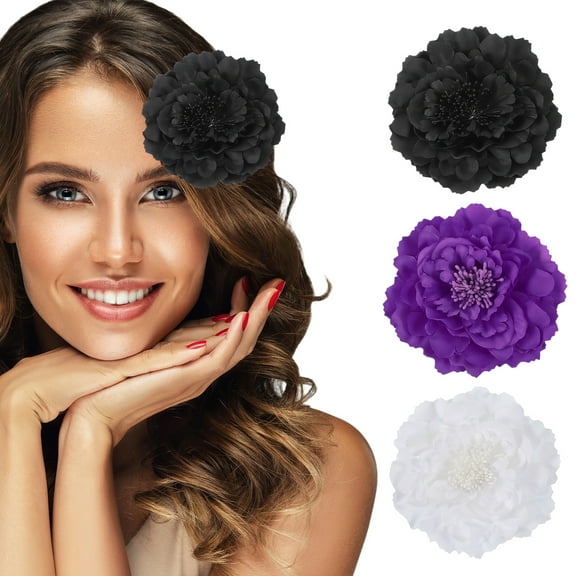 Uxcell 3 Pcs Peony Flowers Hair Clip, 4.7 Inch Artificial Fabric Head Flower for Women Hair Pins Corsage DIY Crafts Clothing Wedding Birthday Party, Black/Purple/White