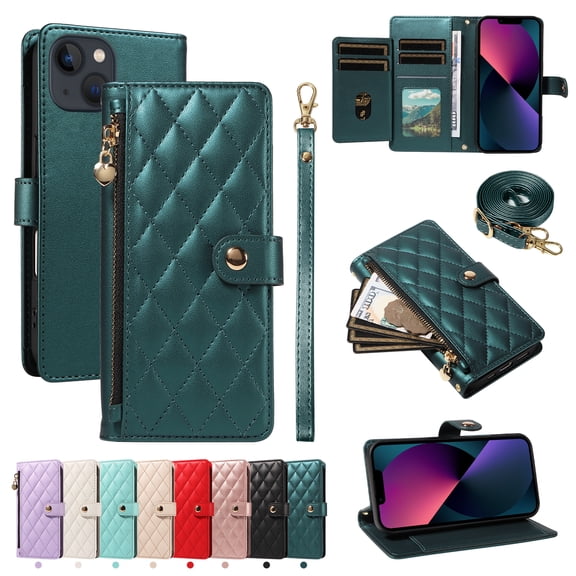 For iPhone 15 Plus Wallet Case: with RFID Blocking Card Slots [5 Cards 1 Cash Slot 1 Zipper Pocket | Soft PU Leather Magnetic Snap | Crossbody & Wrist Strap Protective Phone Cover,Darkgreen
