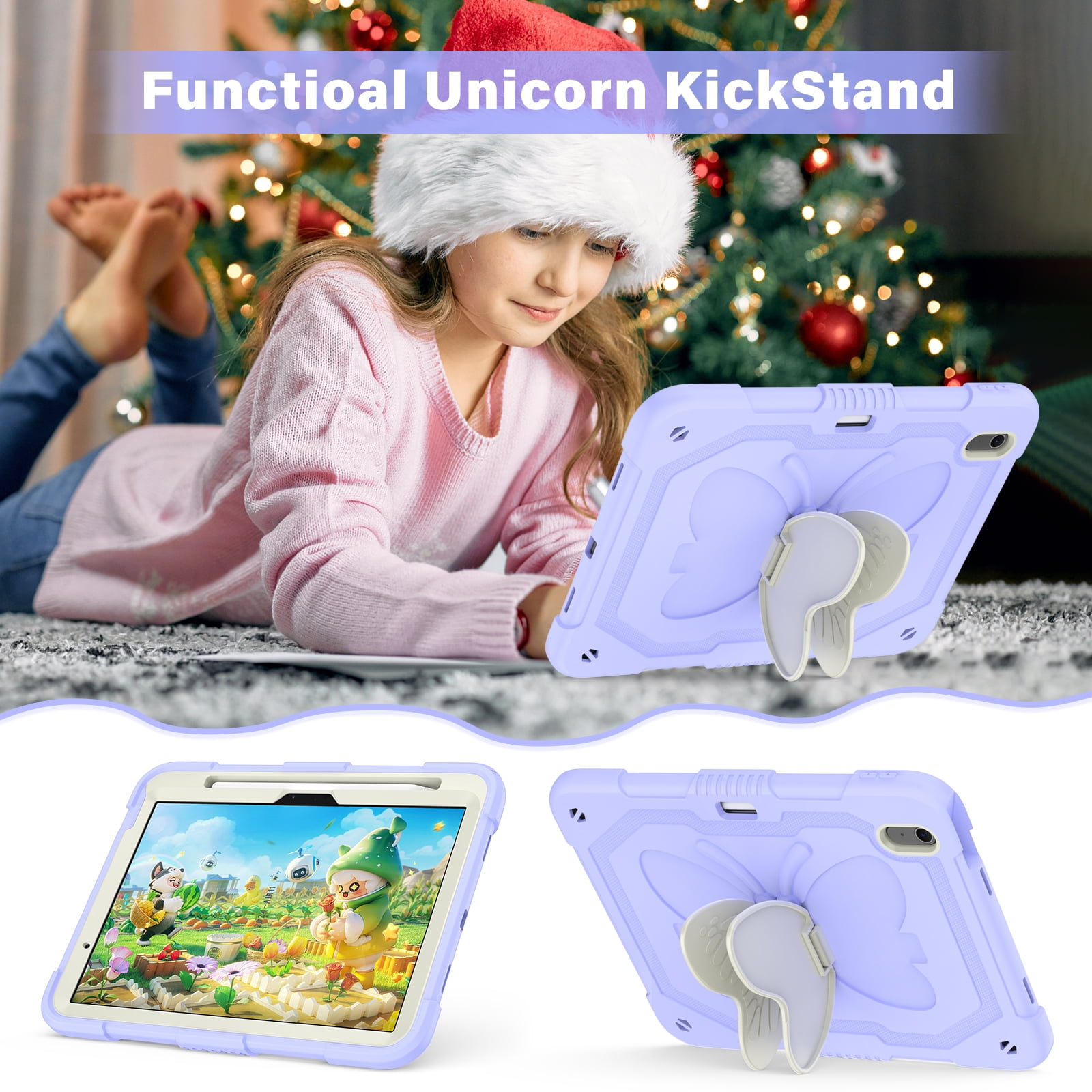 For iPad Air 11 M4 M3 M2 2026 2025 2024 Case, Cute Butterfly Design Heavy Duty Shockproof Shoulder Strap Pencil Holder Kickstand Bumper Kids Friendly Rugged Case for Apple iPad Air 11", Purple+Beige