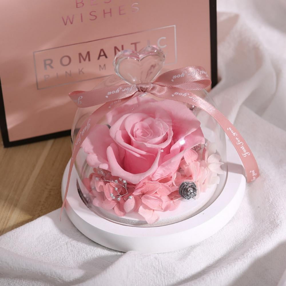 CW_ Chic Artificial Rose Flower Glass Dome Desktop Ornament Valentine Day Gift D 