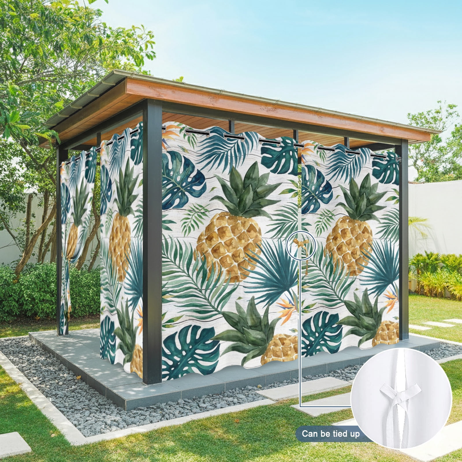 Gold Pineapple Outdoor Curtains for Patio, Monstera Leaves Tropical Botanical White Wood Striped Sunshade Privacy Drapes Grommet Waterproof Outside Curtains for Porch/Cabana/Balcony 54"x 84", 2 Panel