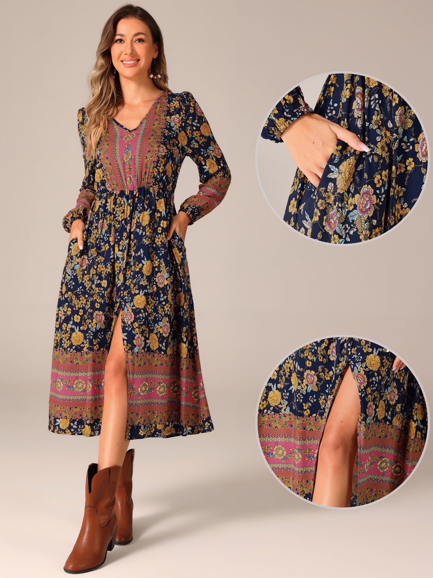 DARING DIVA Floral Elastic Waist Split A-Line Midi Dress M Blue