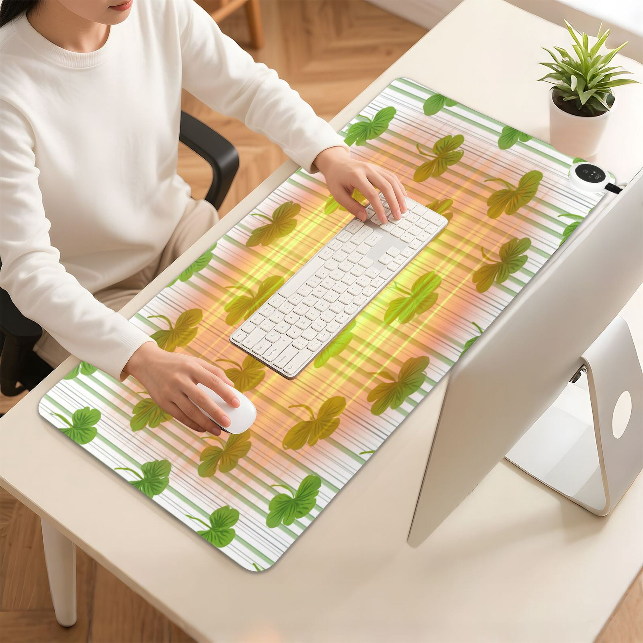 Large Heated Desk Mat Mouse Pad 31.5"x13"PU Leather Graphene Heating Desk Warmer with 3 Temperature Settings 110V US Plug Non-Slip Warm Pad for Home, Office, and Gaming Green Clover Stripe Pattern