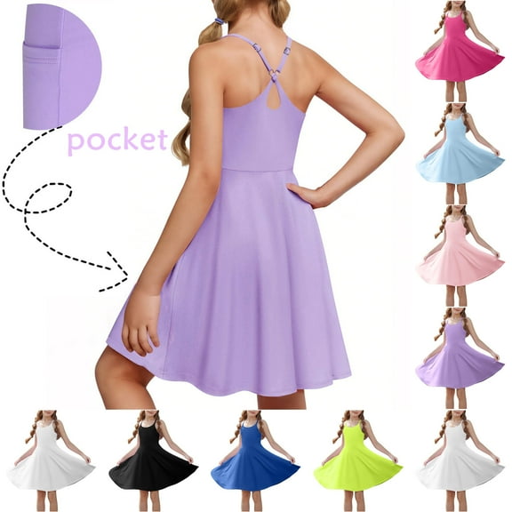 MKOSPLRT Girls Tennis Dress 2-in-1 Golf Workout Dress with Built-in Shorts Pockets Athletic Dresses with Adjustable Strap 4-15 Years