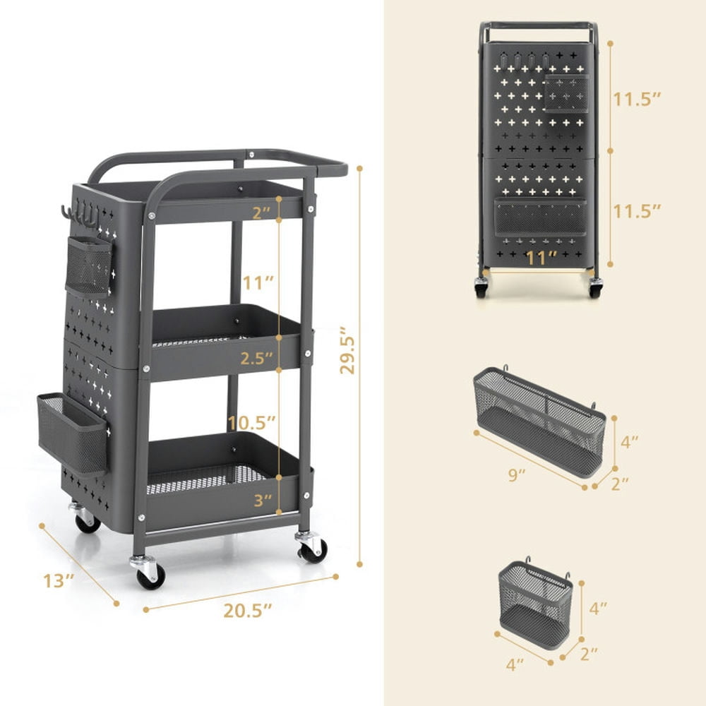 Finihen Rolling Cart, Kitchen Island Cart, 3-Tier Utility Storage Cart with DIY Pegboard Baskets, for Kitchen, Dining Room, Gray Finihen Rolling Cart, Kitchen Island Cart, 3-Tier Utility Storage Cart with DIY Pegboard Baskets, for Kitchen, Dining Room, Gray