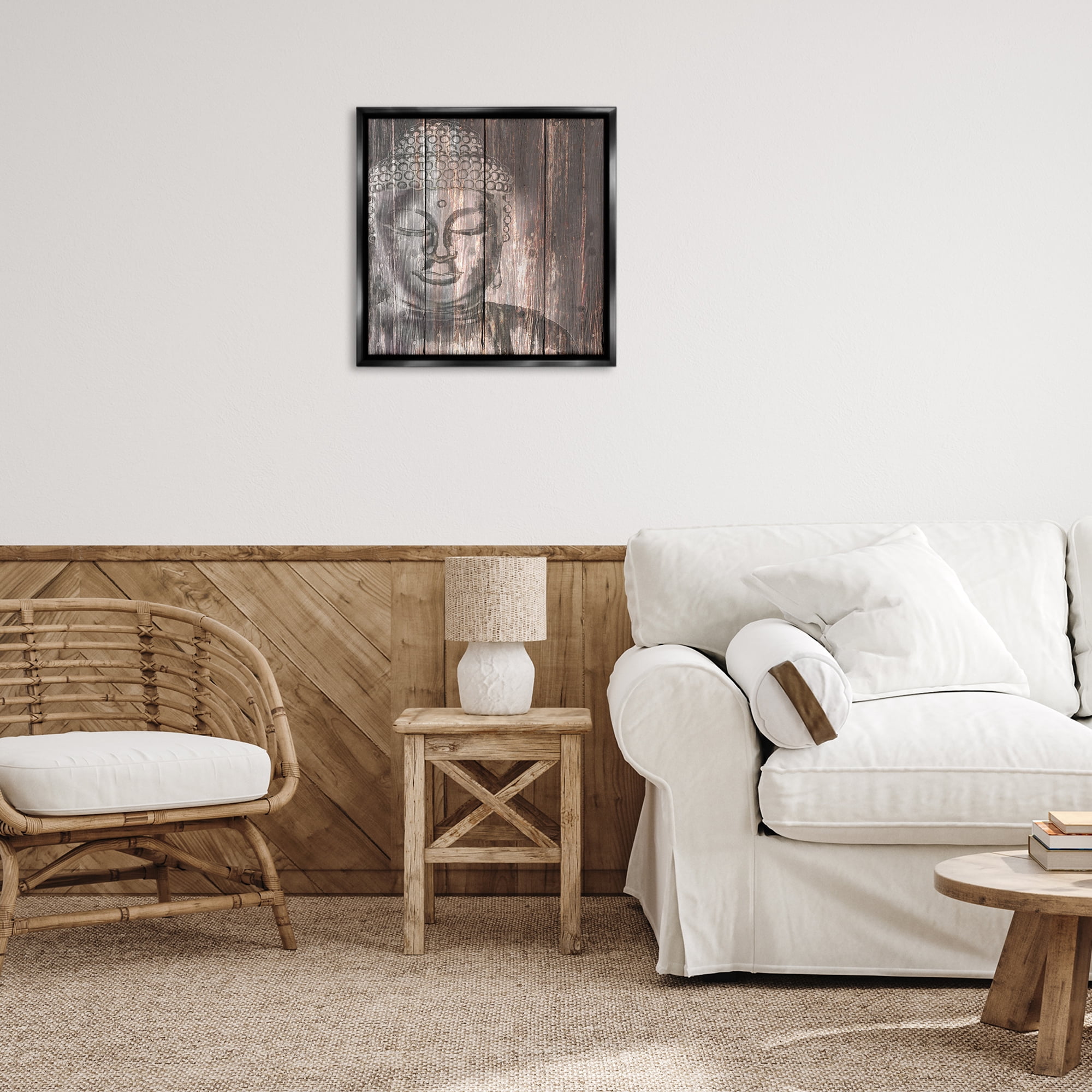 Stupell Industries Rustic Buddha Face Religious & Spiritual Painting Black Floater Framed Canvas Art Print Wall Art, 25 x 25