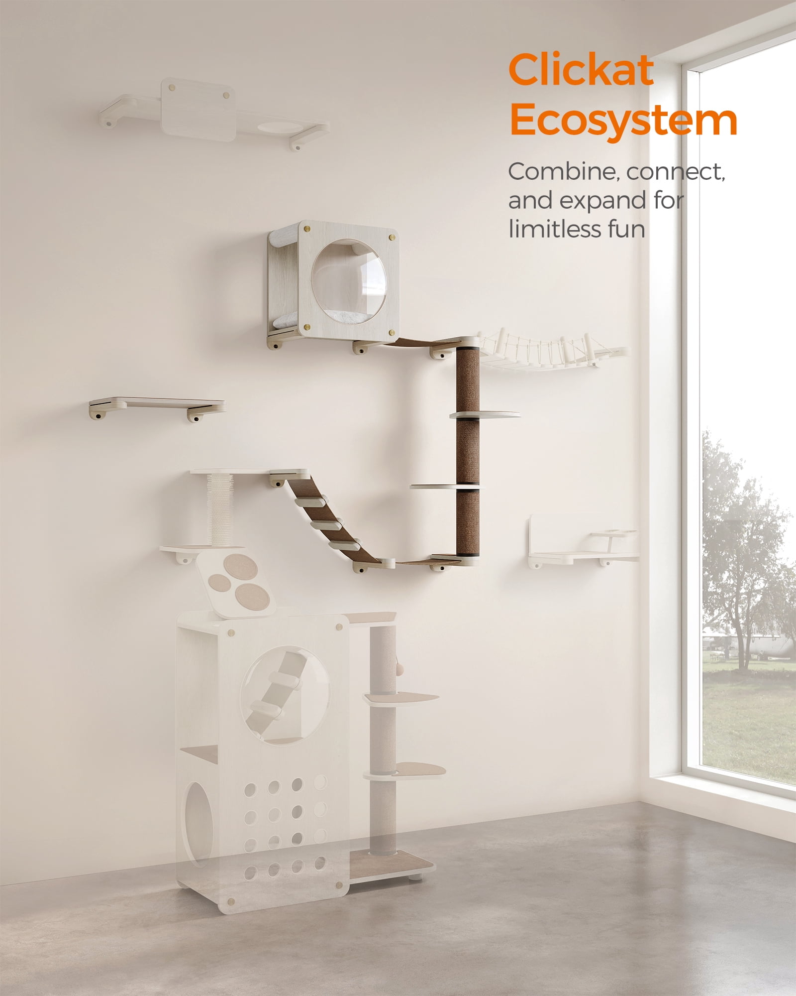 Feandrea Clickat Oasis - Cat Wall Furniture Set of 5 Cat Wall Shelf Wall-Mounted Cat Hammock Scratching Post Cave Extremely Quick Assembly Unlimited Expandability Replaceable Module and Parts