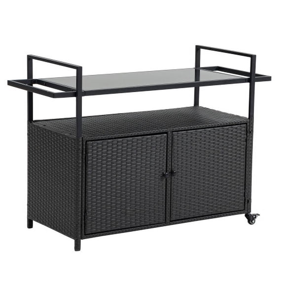 YINYUN Outdoor Wicker Bar Cart, Patio Wine Serving Cart w/Wheels, Rolling Rattan Beverage Bar Counter Table for Porch Backyard Garden Poolside Party, Black