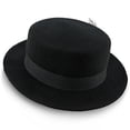 thumbnail image 3 of Black Wool Felt Pork Pie – 100% Australian Wool Classic Flat Crown with 2" Brim, Grosgrain Ribbon Band, Removable Feather & Pin – Stylish Porkpie Hat for Men, 3 of 6