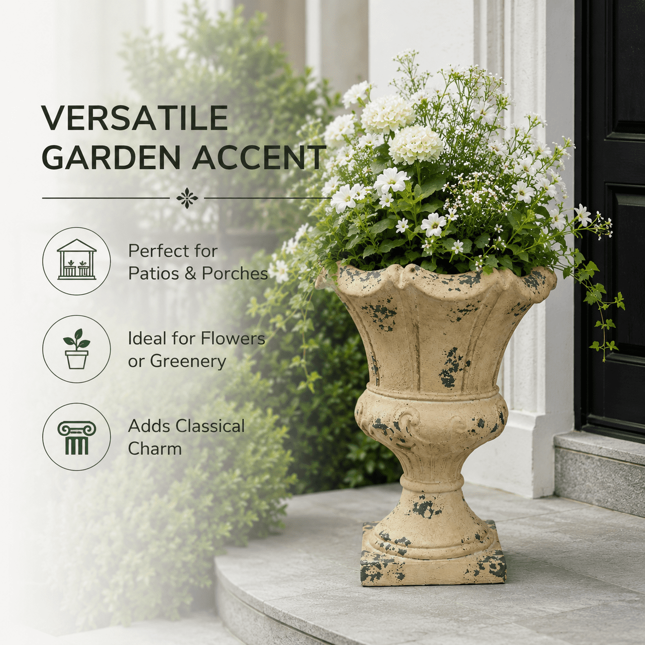 Aukfa Large MGO Garden Urn Planter, Outdoor Tall Decorative Stone-Look Flower Pot with Drainage Hole & Weather-Resistant, White