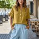 thumbnail image 5 of Karight Cotton Linen Shirts for Women Summer Short Sleeve V Neck Button Down Tops Dressy Casual Oversized Tshirts, 5 of 7