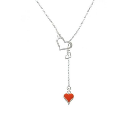 Long Lariat - Silvertone Small Long Orange Heart - In My Heart Lariat Necklace