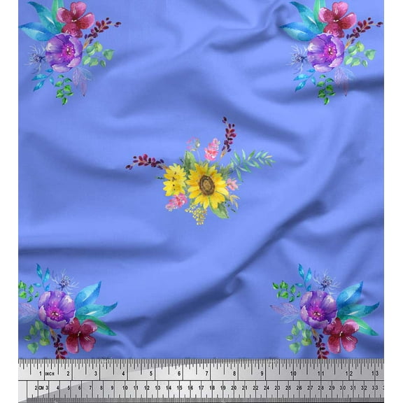 Soimoi Blue Cotton Duck Fabric Sunflower & Peony Floral Print Sewing Fabric Yard 42 Inch Wide