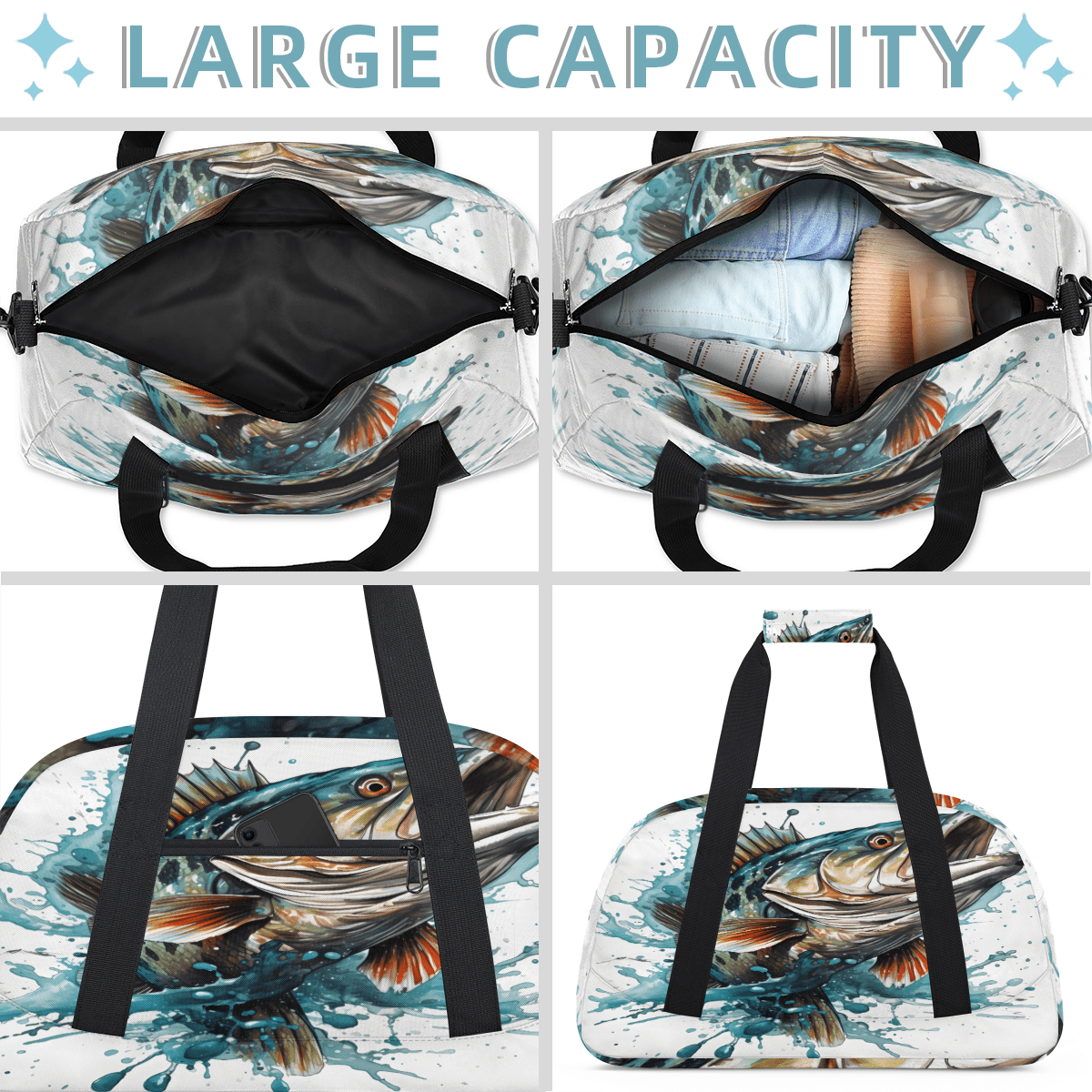 Herdesigns Funny Fish Sports Duffle Bag for Women & Men, Bass Fish Gym Bag Dance Bag Overnight Bag Carry On Weekender Travel Bag