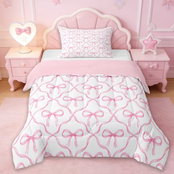 Erosebridal Pink Bows Girls Twin Comforter Sets,Girly Bowknot Princess Bedding Set For Bows Lover,Reversible pink,2-Piece