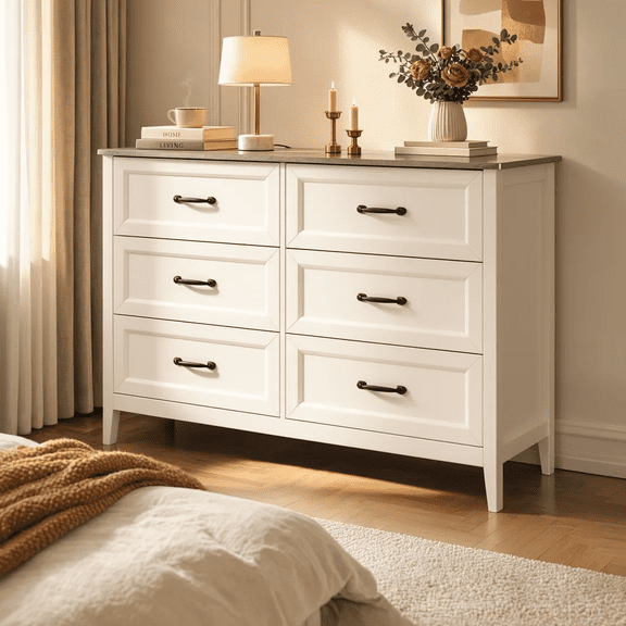 Aiho 6 Drawer Double Dresser for Bedroom, White Dresser Wood Storage Cabinet with Wide Top for Living Room