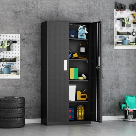 

Tall Metal Storage Garage Cabinets with Locking Doors and 4 Adjustable Shelves Double Handles Steel Storage Cabinet for Garage Office Bedroom Classroom Employees School Gym（Black）