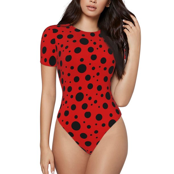 Balery Ladybug Pattern Body de cuello redondo de manga corta para mujer Tops de manga corta Tops básicos-XX-Large