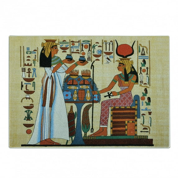 Retro Cutting Board, Papyrus Design with Elements of Classic Egyptian History Illustration Pattern, Decorative Tempered Glass Cutting and Serving Board, Small Size, Multicolor, by Ambesonne