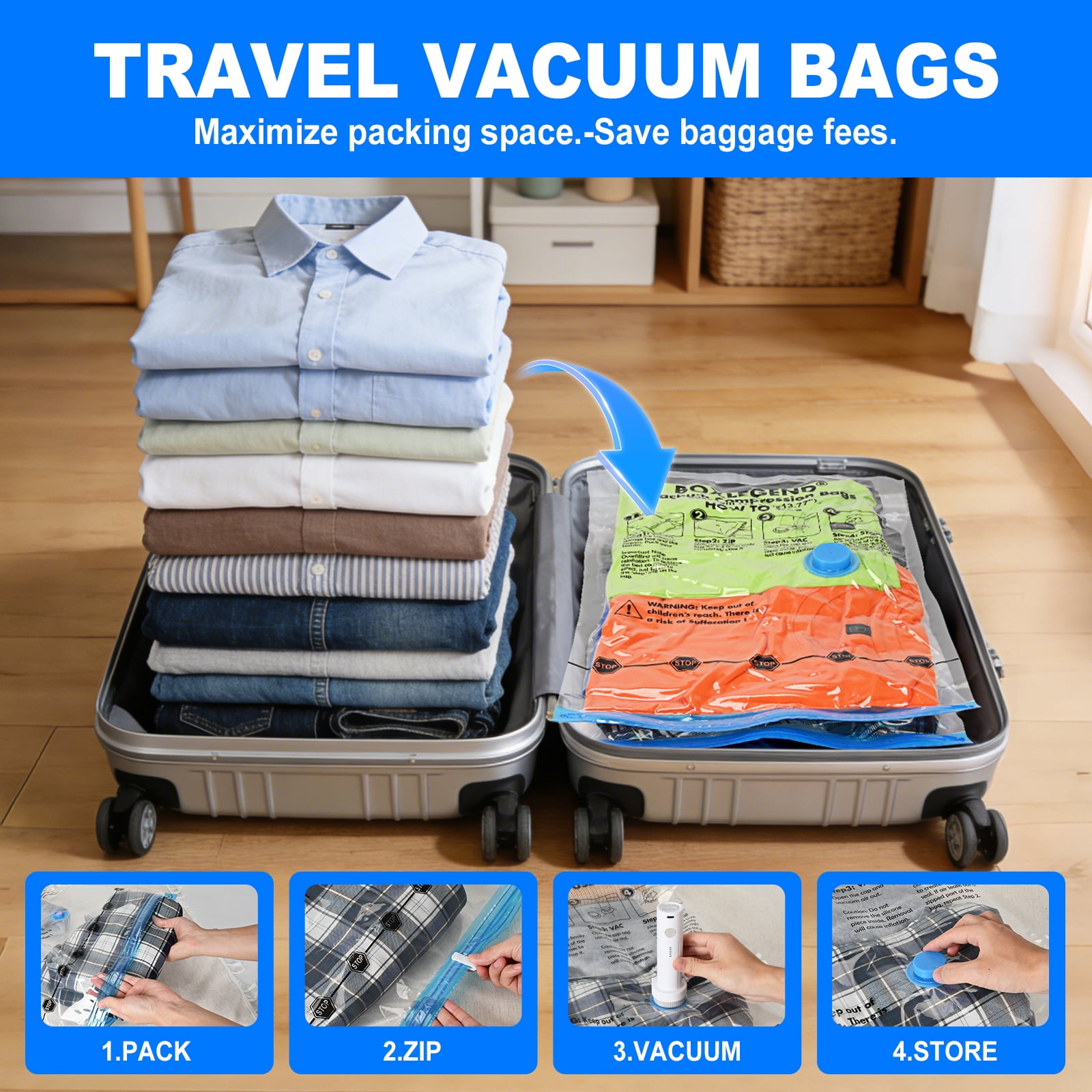 6 Large Travel Vacuum Bags with Hand Pump, Airtight Vacuum Seal Bags for Clothing Travel, Compression Bags for Luggage and Suitcase,Vacuum Travel Bags for Comforters, Blanket
