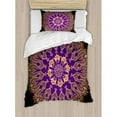 thumbnail image 3 of Mandala Duvet Cover Set King Size, Round Bohemian Arabesque Motif Leaves Figure Folkloric Ethnic Print, Decorative 3 Piece Bedding Set with 2 Pillow Shams, Violet Purple and Yellow, by Ambesonne, 3 of 3