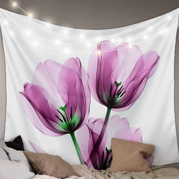 Purple Flowers Tapestry for Bedroom Wall Hanging Tapestry, Minimalism Botanical Tulip Floral Plants Ceiling Backdrop Tapestries Poster Blanket Wall Decor for Teens Room Living Room Dorm 55" x 73"