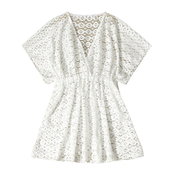 Ticikt Girl's Chiffon V Neck Short Sleeve Drawstring Beach Dress Cover Up Kimono for Youth Beach Pool,Color:White,11-12 Years
