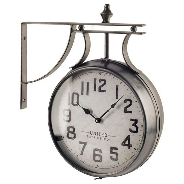homeroots home decor 376231 19" Large Round Industrial styleWall Clock w Two Clock Faces Silver Frame